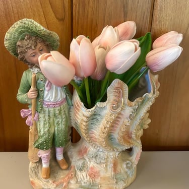 Vintage 1950s Capodimonte Figural Spill Vase~10” tall European porcelain bisque~Germany marked, numbered~ Victorian style mantle planter 