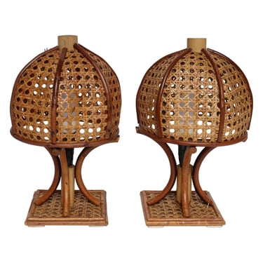 Pair of Vintage Italian Modern Rattan and Bamboo Decorator Table / Bedside Lamps