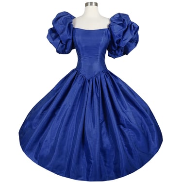 Vintage 80s Royal Blue Puff Sleeve Ball Gown XS Formal Dress Prom Extra Small Party Full Skirt Princess Queen Womens Costume Gala Dance 