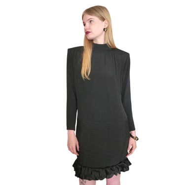 Vintage 1980s Galanos Dress Black Silk Crepe Mock Neck Pintuck Skirt Ruffle Hem 
