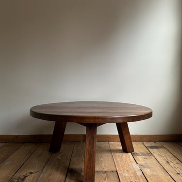 Vintage Brutalist Round Oak Coffee Table 