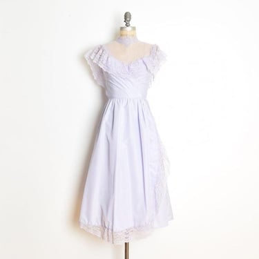 vintage 70s dress Victorian cottagecore lavender lace ruffle party midi XS 
