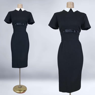 VINTAGE 50s Black Wool Wiggle Dress with White Collar 38B/28W | 1950s Unique MCM Pencil Dress | VFG 