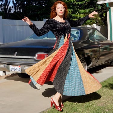 1980s Whimsigoth Velvet Patchwork Maxi Dress / 80s Witchy Velvet Scarf Dress 