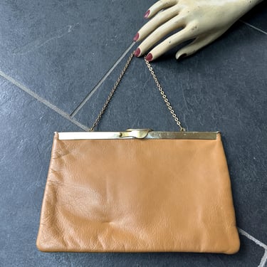 Vintage 1970s Caramel Leather Clutch or Chain Strap Bridal Wedding Purse Etra 
