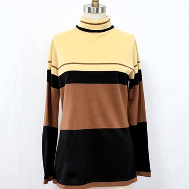 Vintage 70s Turtleneck Tunic Top | Yellow Brown and Black Stripe Shirt | Size Medium 