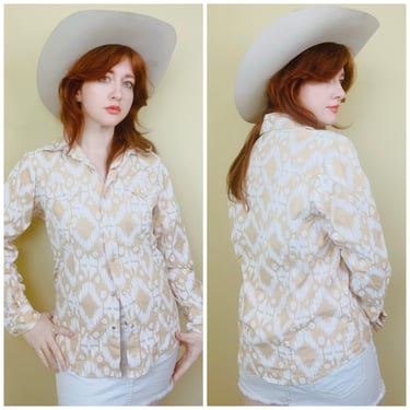 Y2K Vintage Cowgirl Legend Southwestern Print Blouse / Khaki and Cream Pearl Snap Western Shirt / Size Large 