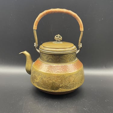 Vintage Bronze Copper Tone Tea Kettle | Etched Bird Teapot | Rattan Handle | Whimsical Dark Academia Decor 