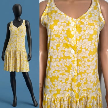 Vintage 80s/90s Yellow Floral Drop Waist Tshirt Material Dress Size S 