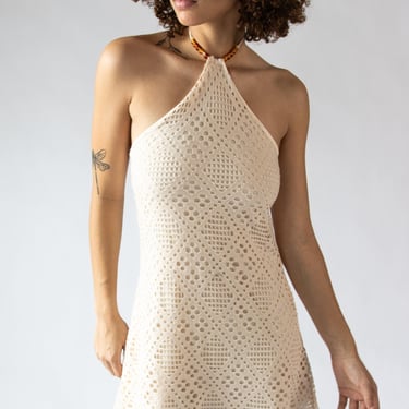 Diamond Pointelle Beaded Halter Mini Dress - Adjustable Straps - Women's Clothing - Size Chart - Casual Wear - Model Wearing Small 