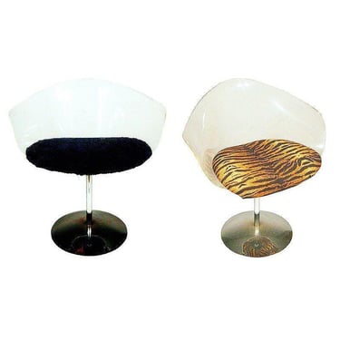 1970 Estelle Laverne Inspired Lucite & Chrome Swivel Tulip Chairs, Pair 