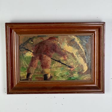 Mysterious Original Framed Oil on Board Painting of a Man in a Field 