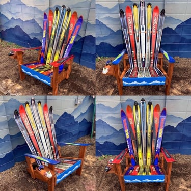 Set of (4)- Adirondack Ski Chairs With Hand Painted Snowy Mountain Stripe Front Boards, Ski Chairs, Deck Chair, Pick your favorite Colors! 