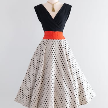 Fabulous Early 1950's Claudia Young Polka Dot Linen Dress With Pockets / S