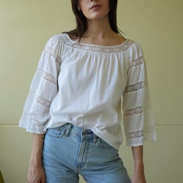 White Cotton Top / 1970's Crochet Cut Out Lace Blouse / 1970's White Top / Tunic Top with Belled Sleeves 