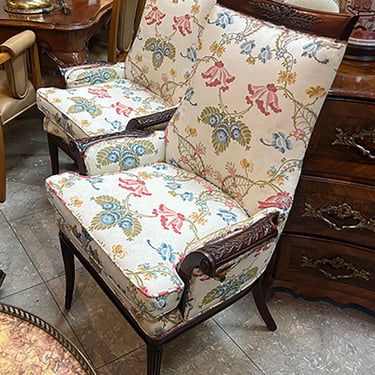 Shapely Pair Grosfeld House 1940s Hollywood Regency Mahogany Arm Chairs