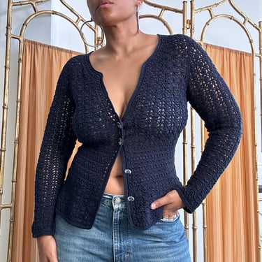 Y2K Navy Blue Crotchet Cardigan Blouse | Large 