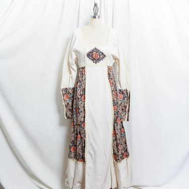 70s Beige Cotton Long Sleeve Brown Floral Gunne Sax Dress Vintage 1970s Prairie Embroidered Crochet Jessica Mcclintock Maxi Dress 