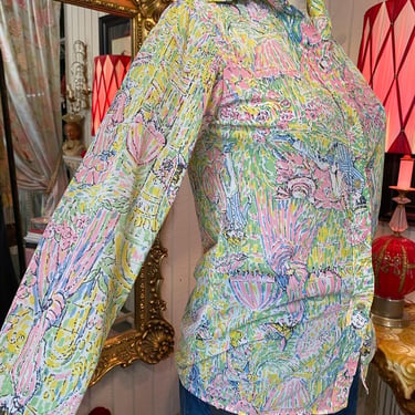 vintage 1970s novelty print blouse 70s polyester shirt victorian scene retro s 