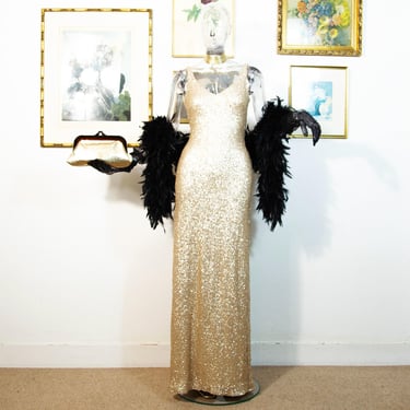 Vintage 1980s Gold Sequin Maxi Gown Old Hollywood Evening Dress Floor-Length Sparkle Glamour Size M UK 12 