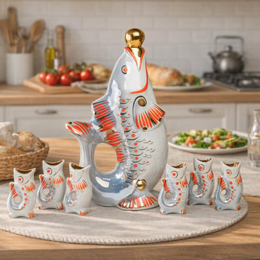 Vintage Fish Decanter Set, Midcentury barware, Ukrainian Porcelain Gurgling Jug with Shot Glasses 