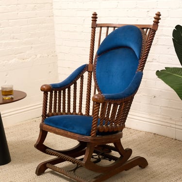 1870s Antique George Hunzinger Barley Twist Mahogany Needlepoint Rocking Chair