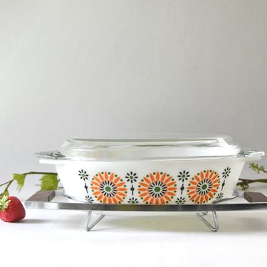 JAJ Pyrex. Orange Iris with stand. Pyrex Glass Stovetop. 1969s Collectible Cookery and Serving 