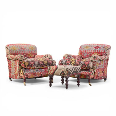 George Smith Kilim Lounge Chairs - Pair with Ottoman 