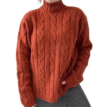 Vintage American Eagle Burnt Orange Lambswool Donegal Cable Fisherman Sweater XL 