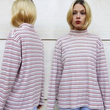 Vintage 80s St. John's Bay White Tan Black Red Skinny Striped Cotton Long Sleeve Mock Turtleneck Blouse Sweater L 