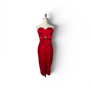 1980s Lillie Rubin Red Satin Dress with Bow 