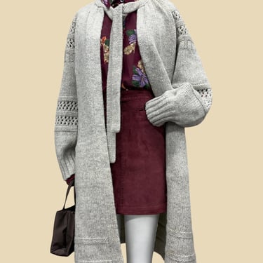 Vintage Sweater Cardigan Jacket 1980s Retro Womens Size Small + Preppy + Rangoon + 100% Pure New Wool + Light Gray + Open Knit + Neck Tie 