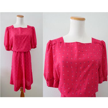 Vintage Pink Floral Dress - 1980s 80s Blouson Casual Short Sleeve Dress - Size Large L 
