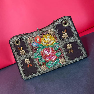 Antique Beaded Floral Frame Clutch – Hand-Embroidered Vintage Chain Bag (c. 1940s–1950s) 