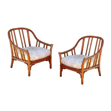 Authentic Pair 2 McGuire Organic Modern High Back Rattan Lounge Chairs Armchairs 