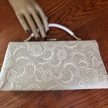 Vintage 1960s Faux Ivory Lace Clutch or Handle Purse Bridal Wedding Bag 