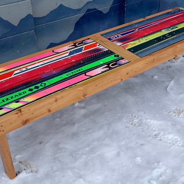 Stainless- custom Volant 72” Dining table Benches, skis, horizontal style, skis and wood, original skis, recycled skis, upcycled 