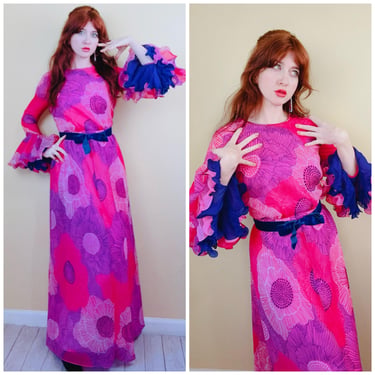 1960s Vintage Neon Pink and Floral Psychedelic Dress / 50s / Sixties Chiffon Bell Sleeve Maxi Gown / Size Small - Medium 