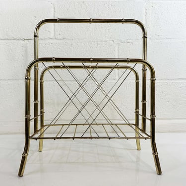 Vintage Gold Metal Magazine Rack Mid Century Bamboo Basket Holder 1960s 