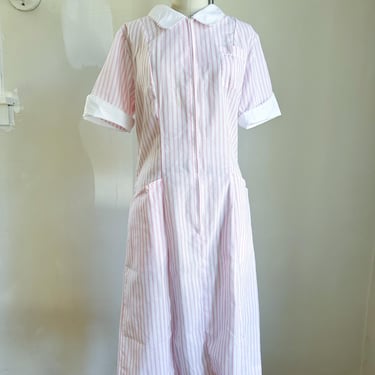 Vintage 1980s Pink & White Striped Waitress / Nurse Uniform Dress // M 