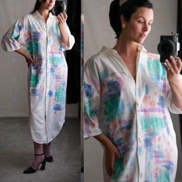 Vintage 80s JAYNE SWING Hawaii Ivory Hand Painted Abstract Cotton Shirt Styled Dress w/ Triangle Buttons | Made in USA | 1980s Pop Art Dress 