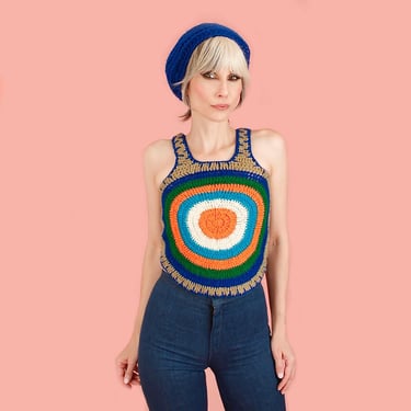 Vintage 1970's Charlie's Girls Crochet Knit Sweater Vest // Bullseye Knit HiPPiE Boho 70's //XS/S 