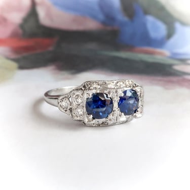 Art Deco Moi et Toi Blue Sapphire and Diamond Filigree Ring Platinum 