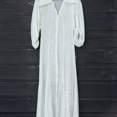 1930s Sheer Dress, Cream + Green Cotton Chiffon Windowpane Plaid Puff Sleeve Vintage Wedding Dress, 30s Maxi Dress, Size XS Small 