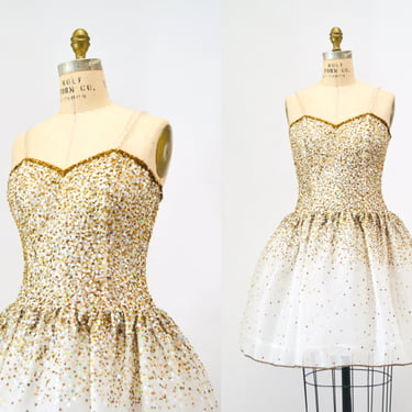 Vintage White Sequin Dress Riazee Boutique Lillie Rubin White Gold Silk Party Dress Beaded Sequin Dress Cocktail Wedding Dress Naeem Khan 