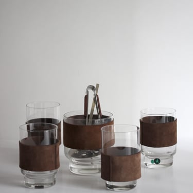 Vintage Austrian Bar Set 1960s – Glass Ice Bucket, 4 Tumblers, Leather Sleeves, Tongs & Spoon 
