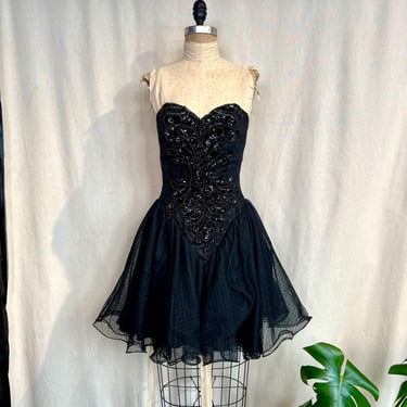 Vintage 1980s XS/S Caché Black Beaded Sweetheart Neckline Mini Prom Dress 