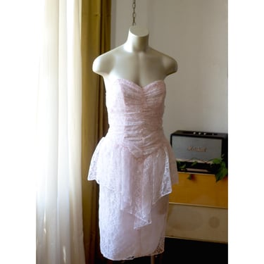 Vintage Pink Party Dress - 1980s - Strapless Lace Peplum - Vanna White - Party, Cocktail, Prom 