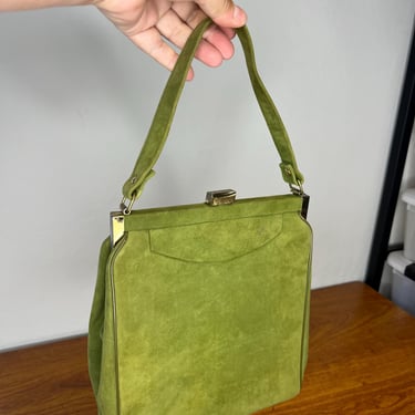 Splash of Colour - Vintage 1950s Avocado Green Suede Leather Handbag Purse 