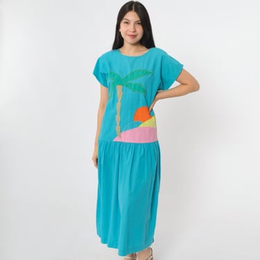 Vintage Blue Tropical Beach Dress 80s Graphic Palm Tree Dress Turquoise Midi Keyhole Back Boho 1980s Drop Waist Short Sleeve Summer Small 